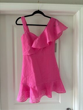 Lizard Thicket Hot Pink One-Shoulder Eyelet Ruffle Dress